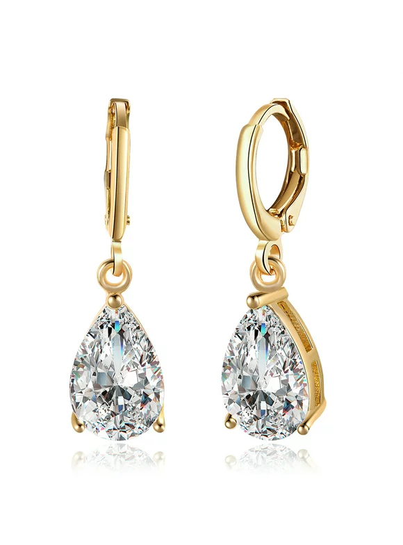 Cubic Zirconia Lever Back Earrings Clear Drop Dangle Earrings April Birthstone 14K Gold Plated Solitaire Crystal French Wire Earrings for Women Girls