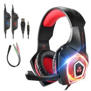Gaming Headset with Mic for Xbox One PS4 PC Nintendo Switch Tablet Smartphone, Headphones Stereo Over Ear Bass 3.5mm Microphone Noise Canceling 7 LED Light Soft Memory Earmuffs