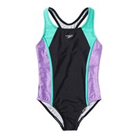 Speedo Girls Racerback Sport Splice One Piece Swimsuit (Black/Purple/Mint Small 7/8)