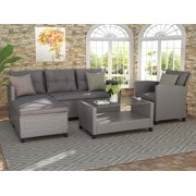 Clearance! Rattan Patio Sofa Set, 4 Pieces Outdoor Sectional Furniture Set, All-Weather PE Rattan Wicker Patio Conversation Set, Cushioned Sofa Set with Glass Table for Garden Poolside Deck, B993
