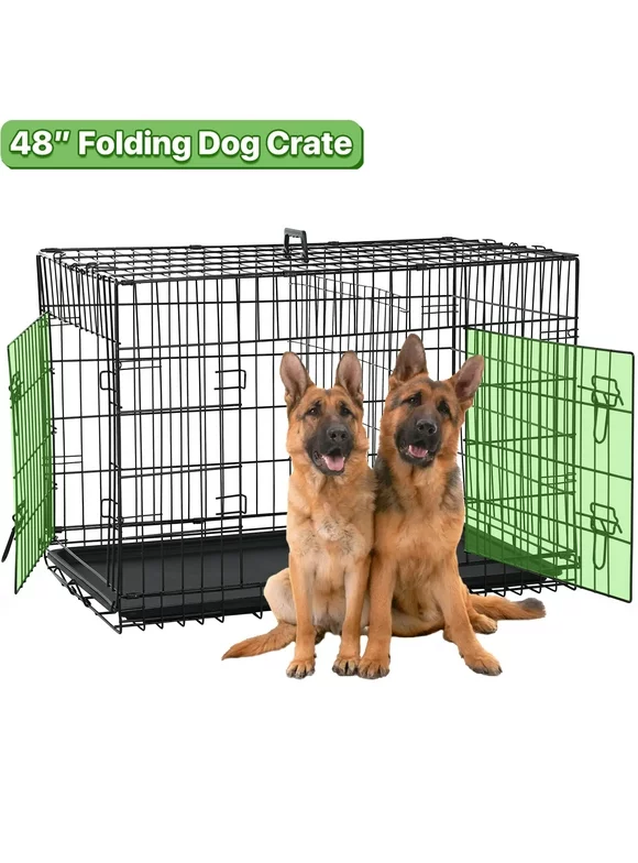 Dkelincs 48 inch Dog Crate Folding XXL Large Dog Cage Dog Kennels and Crates for Large Dogs Pet Animal Segregation Cage with Divider, Plastic Tray, Double-Door, Handle for German Shepherd & Big Dogs