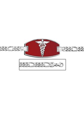 Sterling Silver Medical ID Figaro Chain W/ Red Enamel Bracelet - 8-1/2