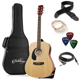 Ashthorpe Left-Handed Full-Size Dreadnought Acoustic Electric Guitar Package, Natural