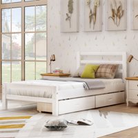 Euroco Wood Platform Bed With Headboard and Two Drawers, Twin (White)