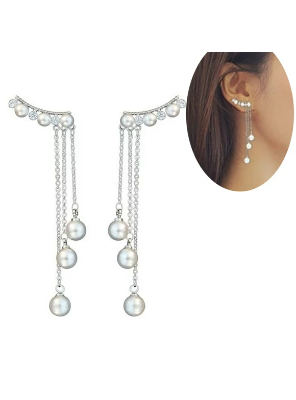 Grofry Women Earring,Faux Pearls Inlaid Chain Tassel Dangle Ear Jackets Earrings Jewelry Gift Silver