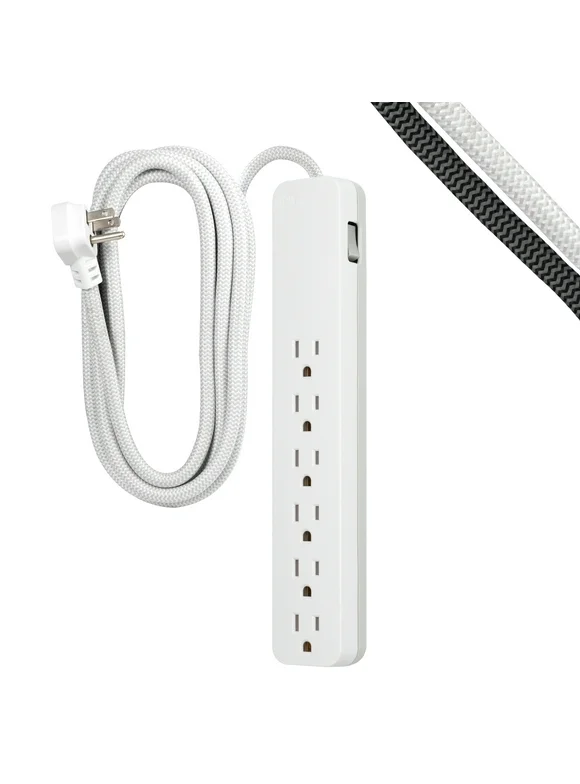 GE 6-Outlet Surge Protector, 840J, 10ft. Braided Cord, White, 62933