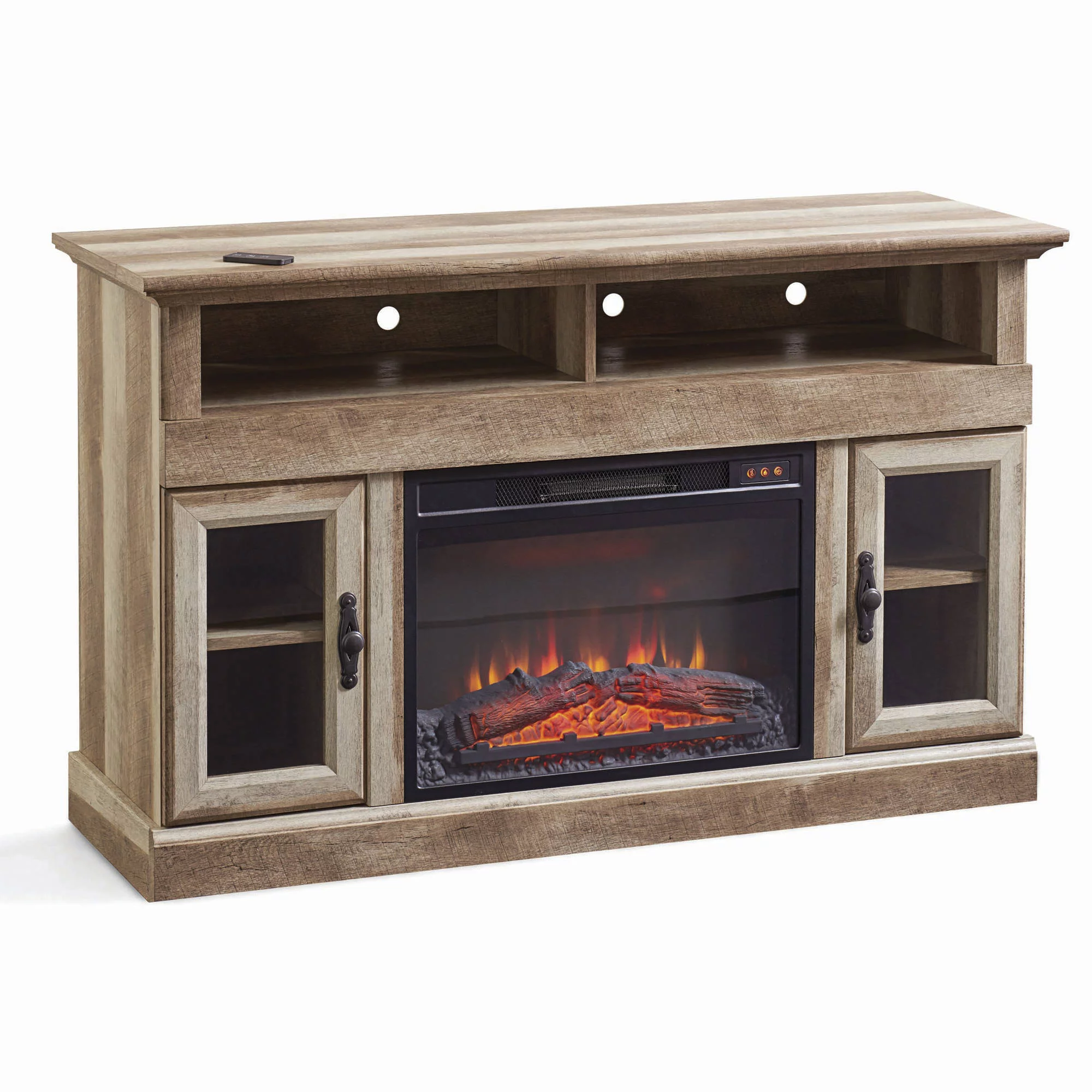 Better Homes & Gardens Crossmill Fireplace Media Console, for TVs up to 60", Weathered Pine Finish