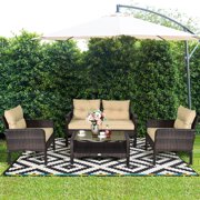 Costway 4 PCS Outdoor Patio Rattan Wicker Furniture Set Sofa Loveseat with Cushions