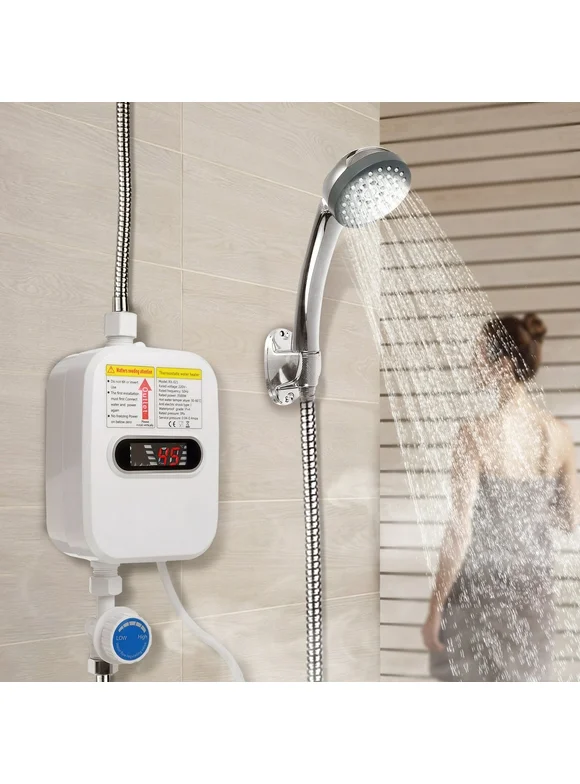 3500W Electric Tankless Water Heater Shower Head Set, Instant Hot Water Heater LCD Display,Overheating Protection, White