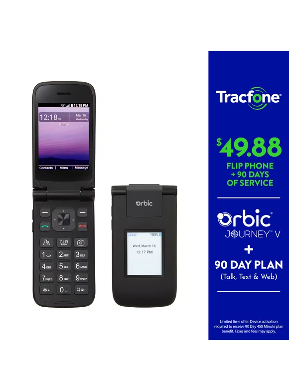 Tracfone Orbic Journey V Bundle, 8GB, Black- Prepaid Flip Phone + FREE 90 Day Plan