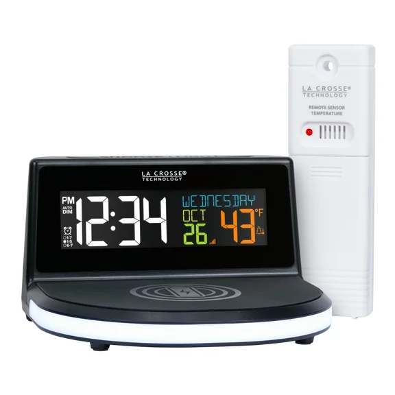 La Crosse Wireless 5W Charging Station Black LCD Alarm Clock with Temp, 617-84947-Int