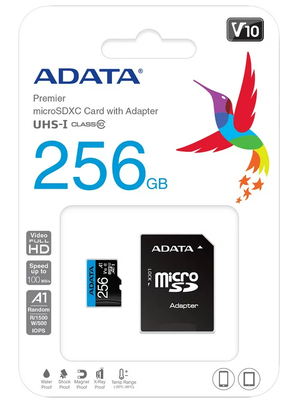 ADATA 256GB Premier microSDXC UHS-I / Class 10 V10 A1 Memory Card with SD Adapte
