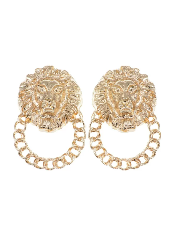 Alilang Golden Tone Venetian Etched Lion King Heads Chain Hoop Stud Dangle Earrings