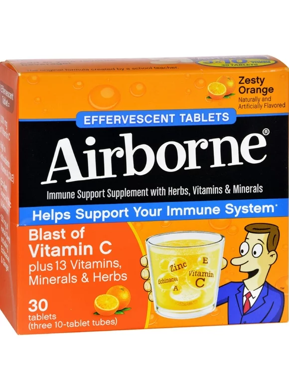 Airborne Zesty Orange Effervescent Tablets,1000mg of Vitamin C - Immune Support Supplement 30ea (Pack of 3)