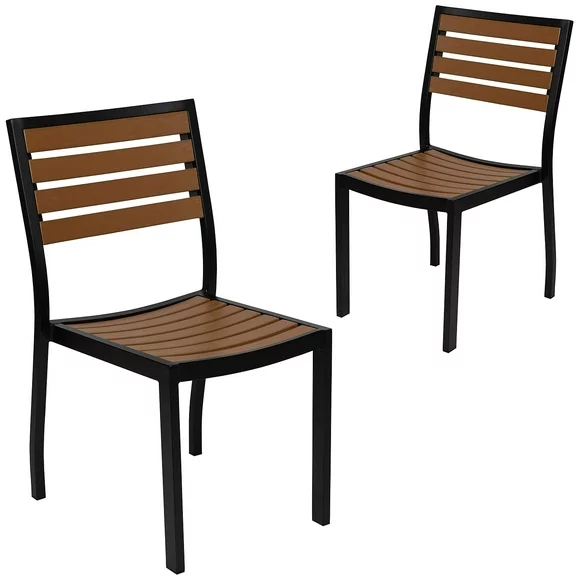 Flash Furniture Outdoor Stackable Side Chair with Faux Teak Poly Slats, Set of 2