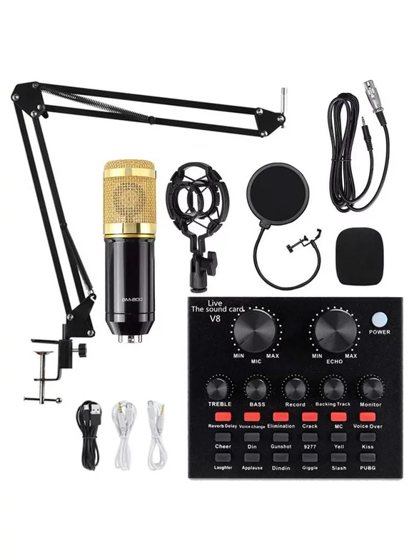 Podcast Microphone Bundle, BM800 Microphone Kit with Live Sound Card, Condenser Microphone & DJ Mixer with Adjustable Mic Suspension Scissor Arm, Shock Mount & Filter for Studio Recording & Broadcas