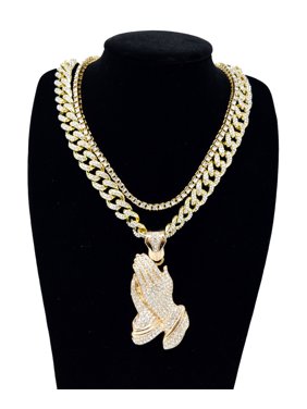 Men's Hip Hop Style Gold Tone Plated 18" Iced Cuban Chain with Large Prayer Hands Pendant and 16" Single Row Tennis Chain