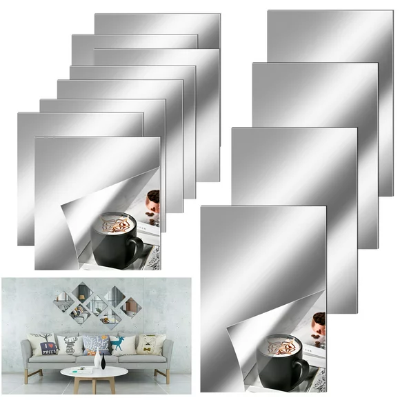 12pcs Flexible Mirror Sheets Self Adhesive, EEEkit Non-Glass Tiles Stickers DIY Mirror for Home Wall Decor (6x6in, 9x6in)