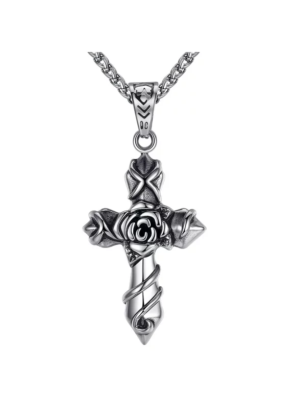 Men's Stainless Steel Rose Cross Pendant Necklace