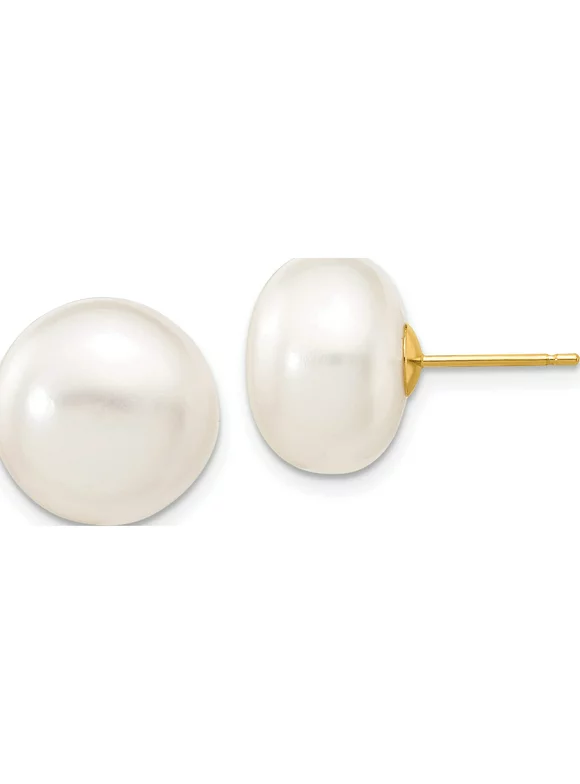 14K Yellow Gold 12-13mm White Button Freshwater Cultured Pearl Stud Post Earrings Made In Canada x120bw