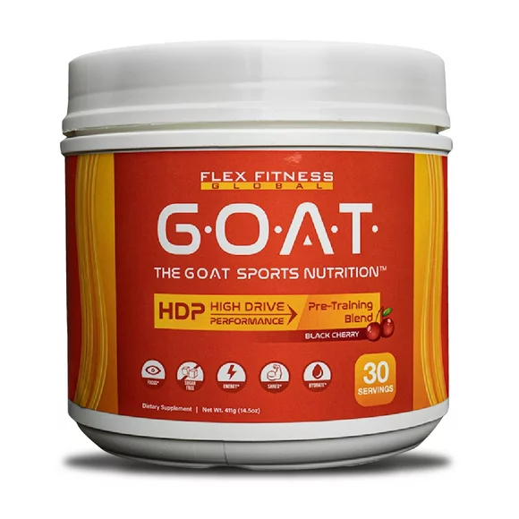The GOAT  Sugar Free Pre Workout Powder is an Energy Booster offered by Flex Fitness Global, Also Increases Focus, and Hydration, has 250mg Caffeine/serving, 30 Servings/bottle.