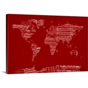 Great BIG Canvas | "Sheet Music World Map, Red" Canvas Wall Art - 36x24