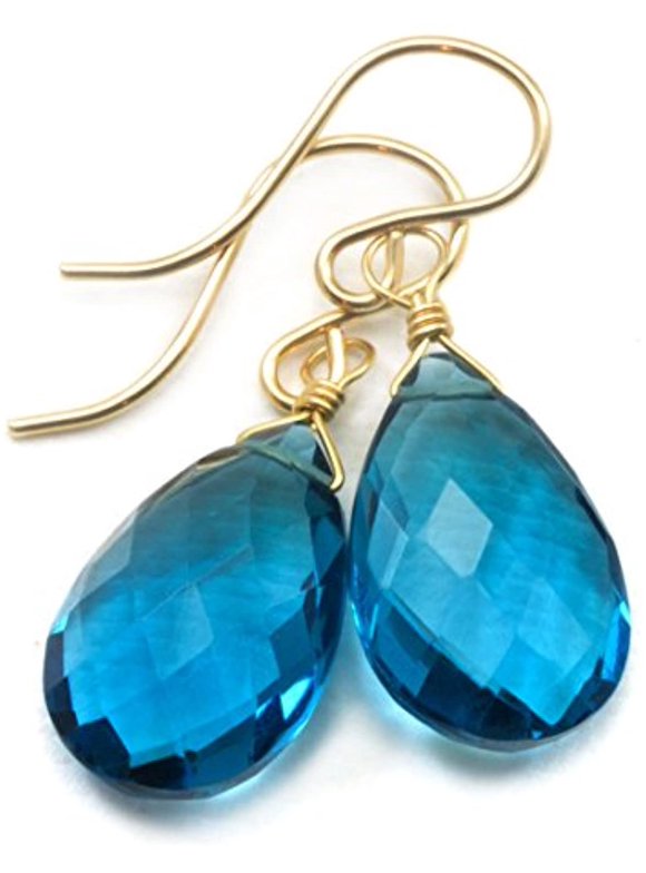 14k Yellow Gold Hot London Blue Simulated Topaz Earrings Faceted Teardrops Dangles