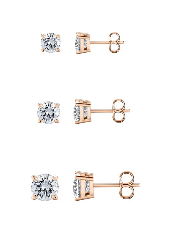 Savlano 3 Pair 14K Gold Plated Cubic Zirconia Round Cut Stud Earrings Comes In 4mm, 6mm & 8mm For Women, Girls & Men