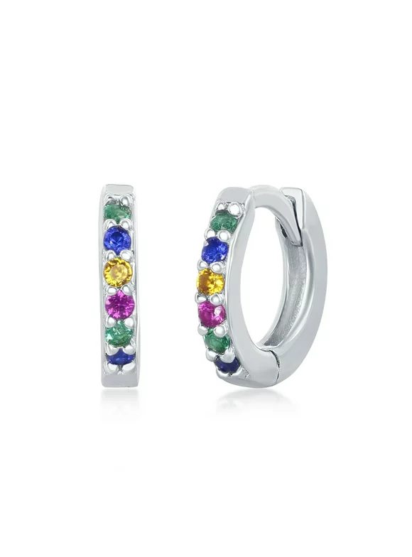 Sterling Silver or Gold Plated Rainbow CZ Small Huggie Hoop Earrings