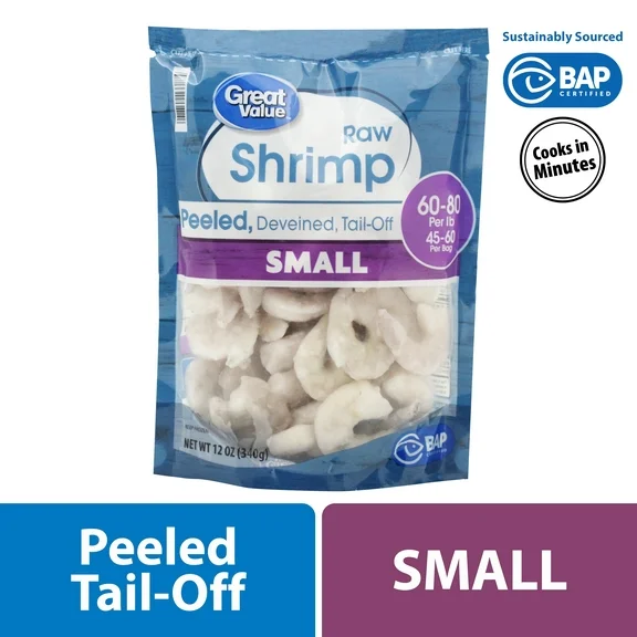 Great Value Frozen Raw Small Peeled & Deveined, Tail-off Shrimp, 12 oz (60-80 Count per lb)