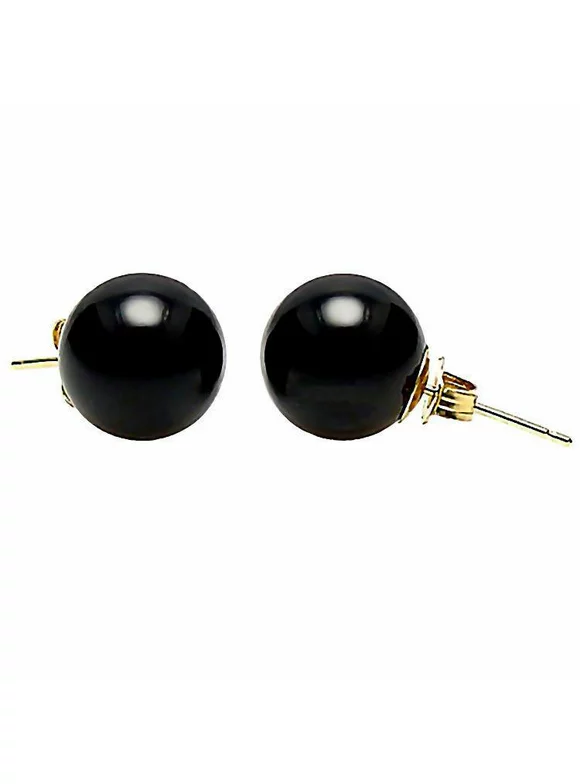Natural Black Onyx 10mm Ball Stud Earrings 14K Yellow Gold Posts