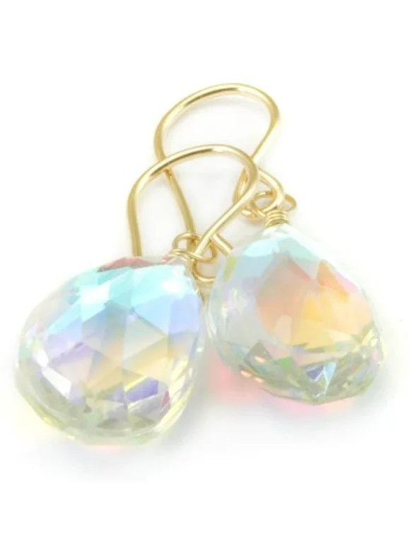 14k Gold Filled Mystic Rainbow Earrings Iridescent Clear Faceted Pear Pink Purple Green Designed for Adult Women and Teen Girls