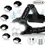 TSV T6 LED Beads 80000 Lumens Headlamp 5 Working Modes with Rechargeable Batteries, IP67 Waterproof Head Light, USB Charging Cable for Camping, Hiking, Reading, Bike, Hunting & Fishing Lighting
