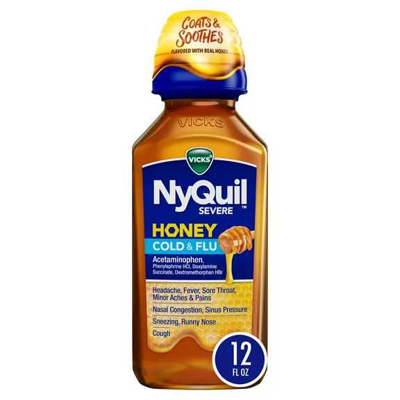 Vicks NyQuil Severe Liquid Medicine, Cold, Cough & Flu, Over-the-Counter Medicine, Honey, 12 Oz