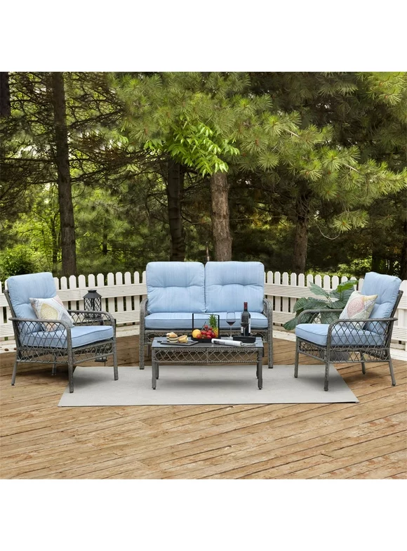 ESSENTIAL LOUNGER 4 Pieces Patio Furniture Set Wicker Conversation Set with Cushions＆Pillows, Blue
