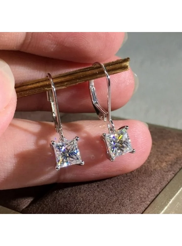 Besufy Women Earring,Princess Cut Cubic Zirconia Dangle Leverback Earrings Jewelry Gift Silver
