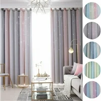 Double Layer Gradient Blackout + Sheer Curtains Starry Hollow-Out Stars Curtain Room Darkening Starry Curtain Eyelet Ring Top Window Drape for Kids Girls Children Bedroom Decor