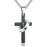Men's Stainless Steel Our Father Lord's Prayer Halo Ring Cross Pendant Necklace