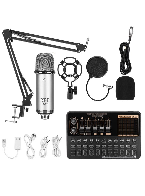 Upgrade V10 PRO Recording Studio Package, Podcast Equipment Bundle with DJ Mixer, Bluetooth Live Sound Card Condenser Microphone Kit, Adjustable Mic Suspension Scissor Arm Shock Mount