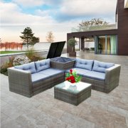 Rattan Wicker Patio Furniture, 4 Piece Outdoor Conversation Set with Storage Ottoman, All-Weather Grey Sectional Sofa Set with Cushions and Table for Backyard, Porch, Garden, Poolside,L4537