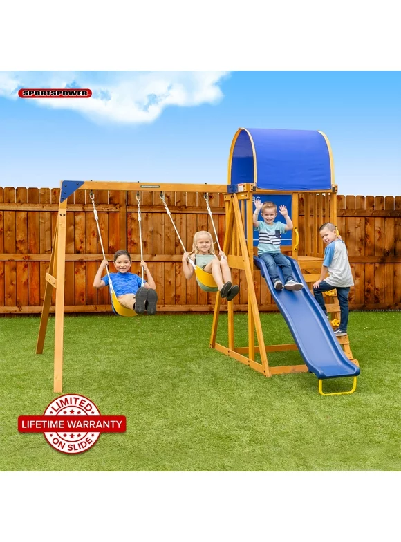 Sportspower Addison Wooden Swing Set with Heavy Duty Double A-Frame & 6' Double Wall Slide with Lifetime Warranty