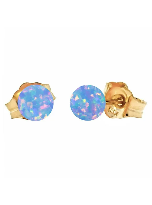 Carrie: 4mm Cornflower Blue Synthetic Opal Ball Stud Post Earrings 14K Yellow Gold