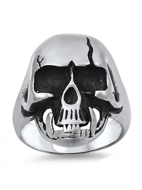 Lex & Lu Men's Fashion Stainless Steel Skull Biker Ring w/Cracked Skull