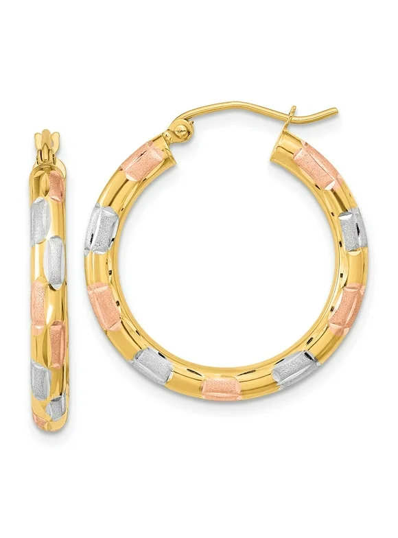 Primal Gold 14 Karat Yellow Gold with White and Rose Rhodium-plated Satin, Diamond-cut Hoop Earrings