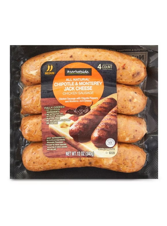 Marketside All Natural Fully Cooked Gluten Free Chipotle & Monterey Cheese Chicken Sausage 12oz, 4 Count, (Refrigerated), Plastic Film