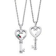 "Quick Ship Gift" - Family Jewelry Personalized Couple's Name & Birthstone Heart Key Diamond Accent Necklace