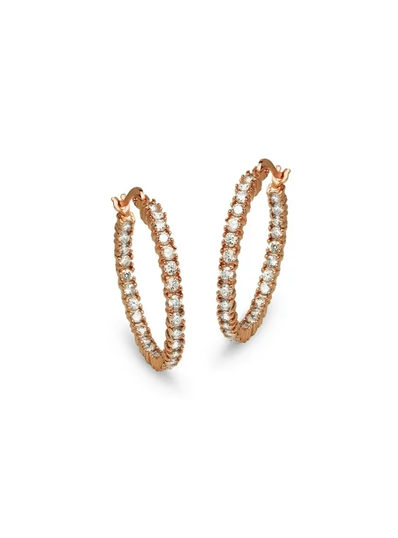 Cubic Zirconia Rose Gold over Sterling Silver 25mm Round Hoop Earrings
