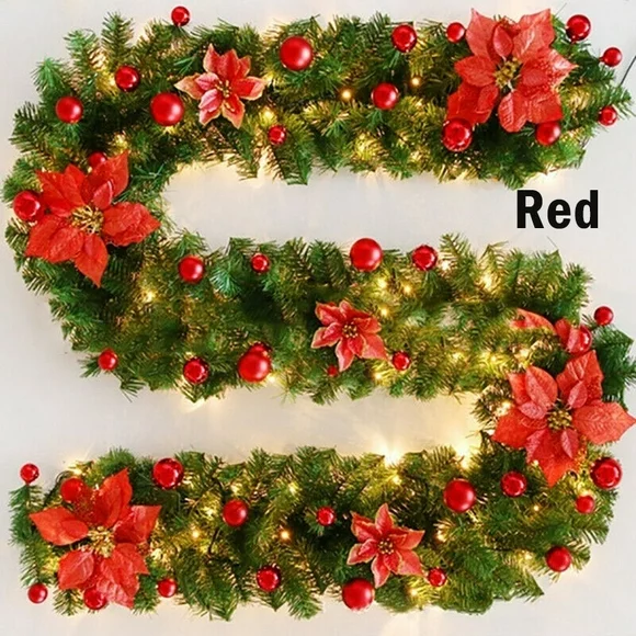 Christmas Garland, 9FT Pre-lit 50 LED Christmas Garland with 24 Xmas Balls, Battery Operated Xmas Lighted Poinsettia Wreath Indoor Outdoor for Fireplace, Staircase, Railing Decoration (Red)