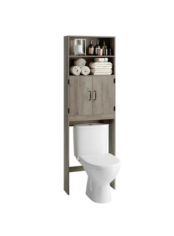 Homfa over Toilet Storage Rack, Bathroom Storage Cabinet over Toilet with 4-tier Shelves and 2 Doors, Gray Finish