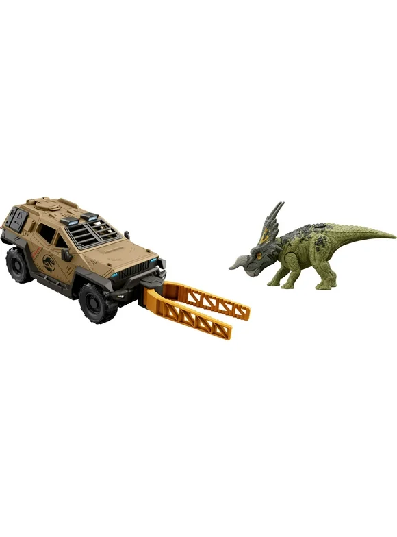 Jurassic World Mission Mayhem Truck & Dinosaur Action Figure Toy Set with Flipping Feature